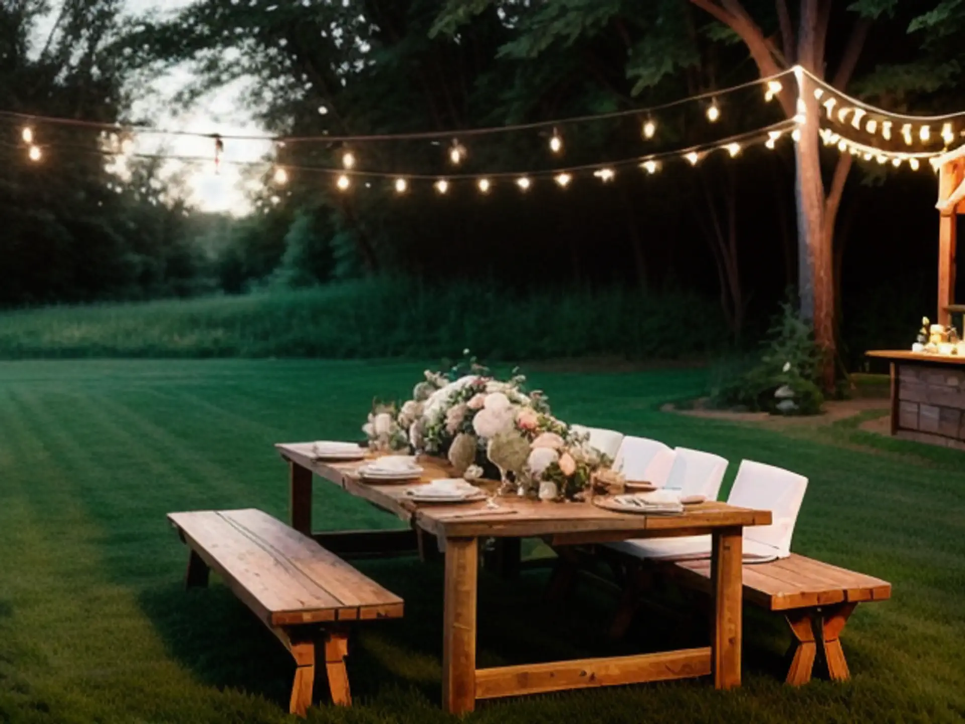 Romantische tuintafel met lichtslingers voor intieme buitendiners
