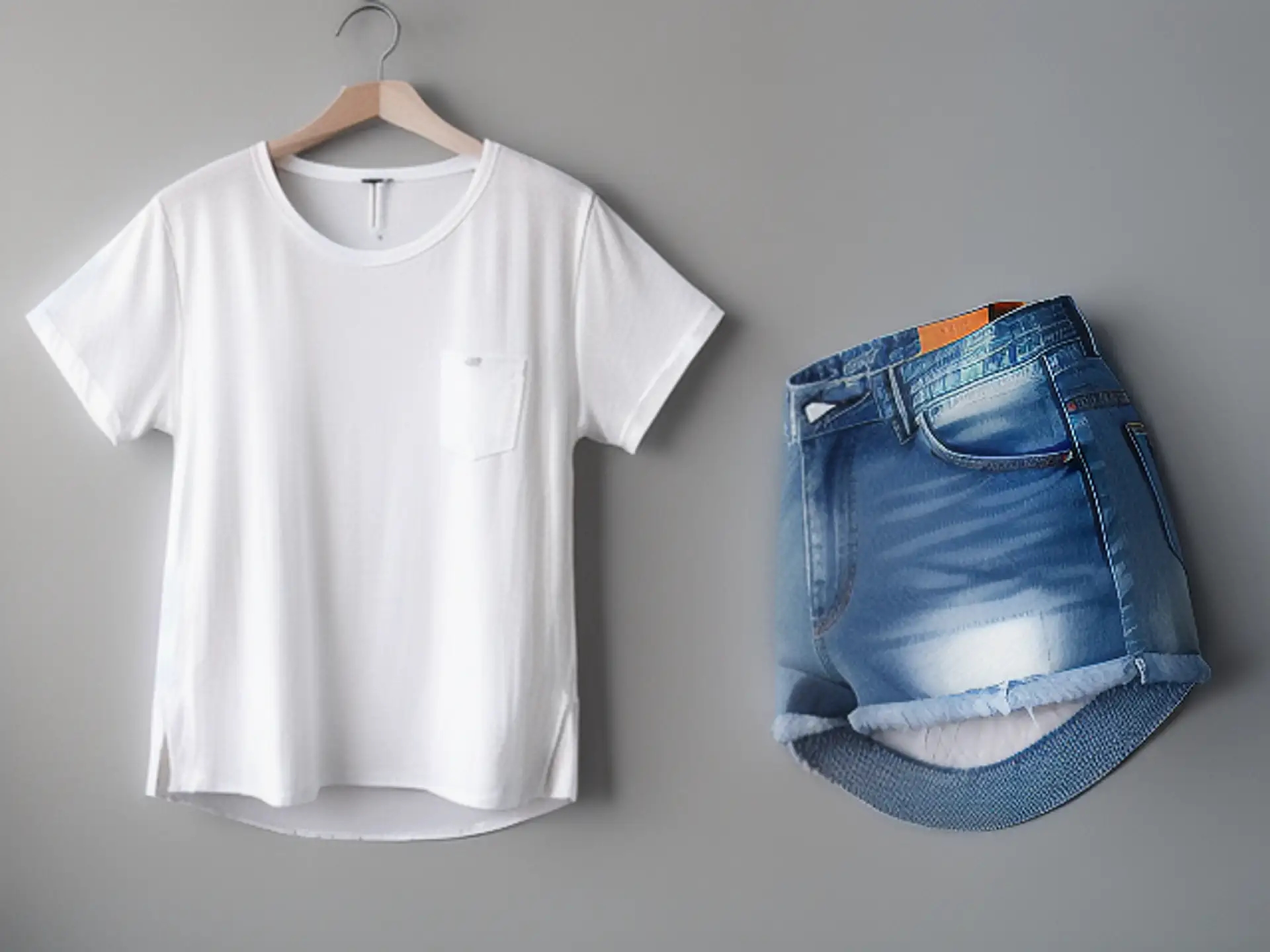 Minimalistische zomeroutfit met wit T-shirt en denim shorts