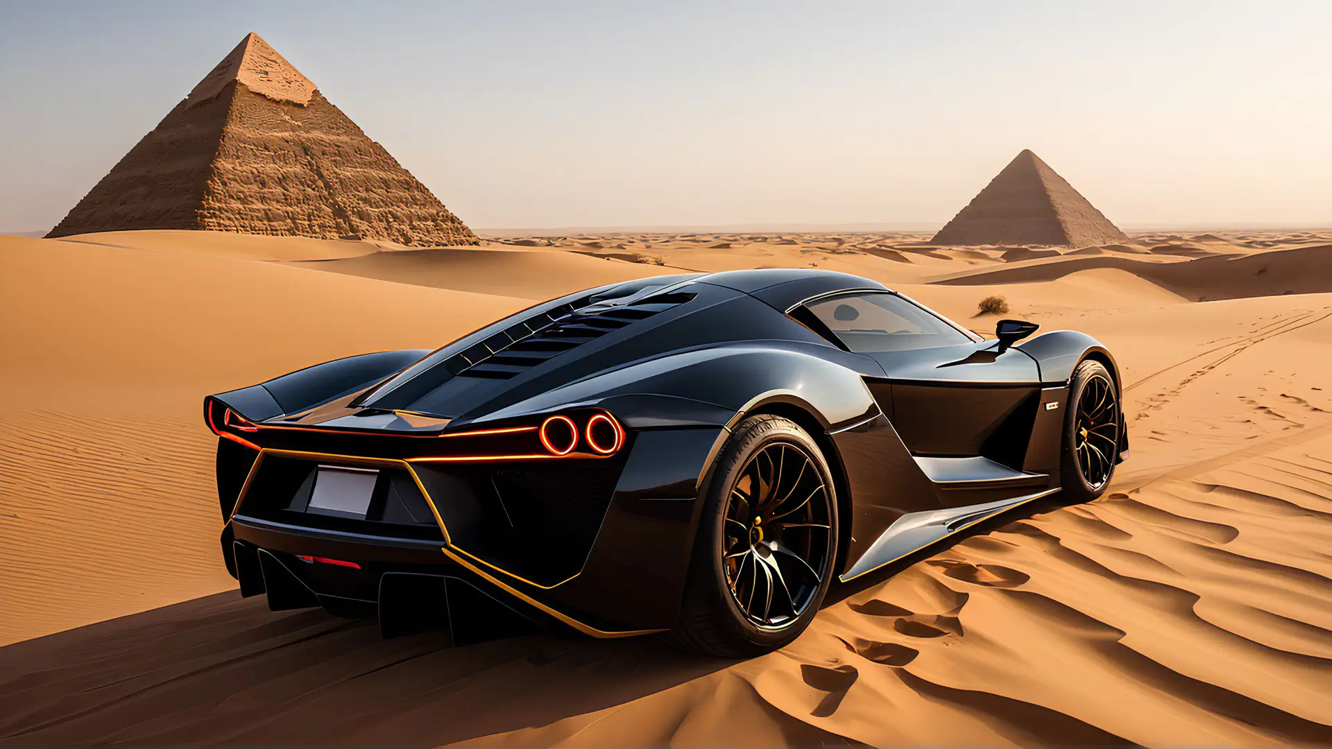 Futuristische Hypercar bij de Piramides van Gizeh in Egyptische Woestijn