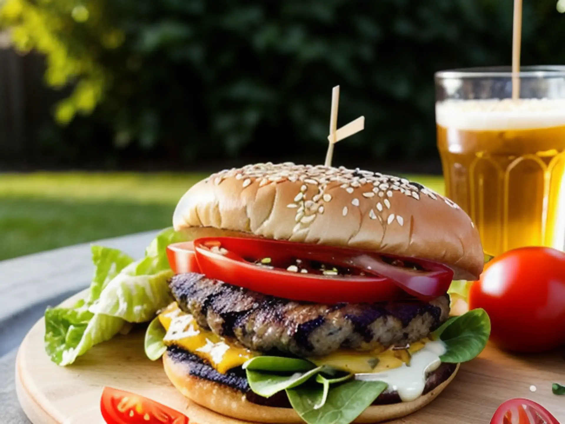 Sappige zelfgemaakte hamburger met biertje voor zomerse barbecue