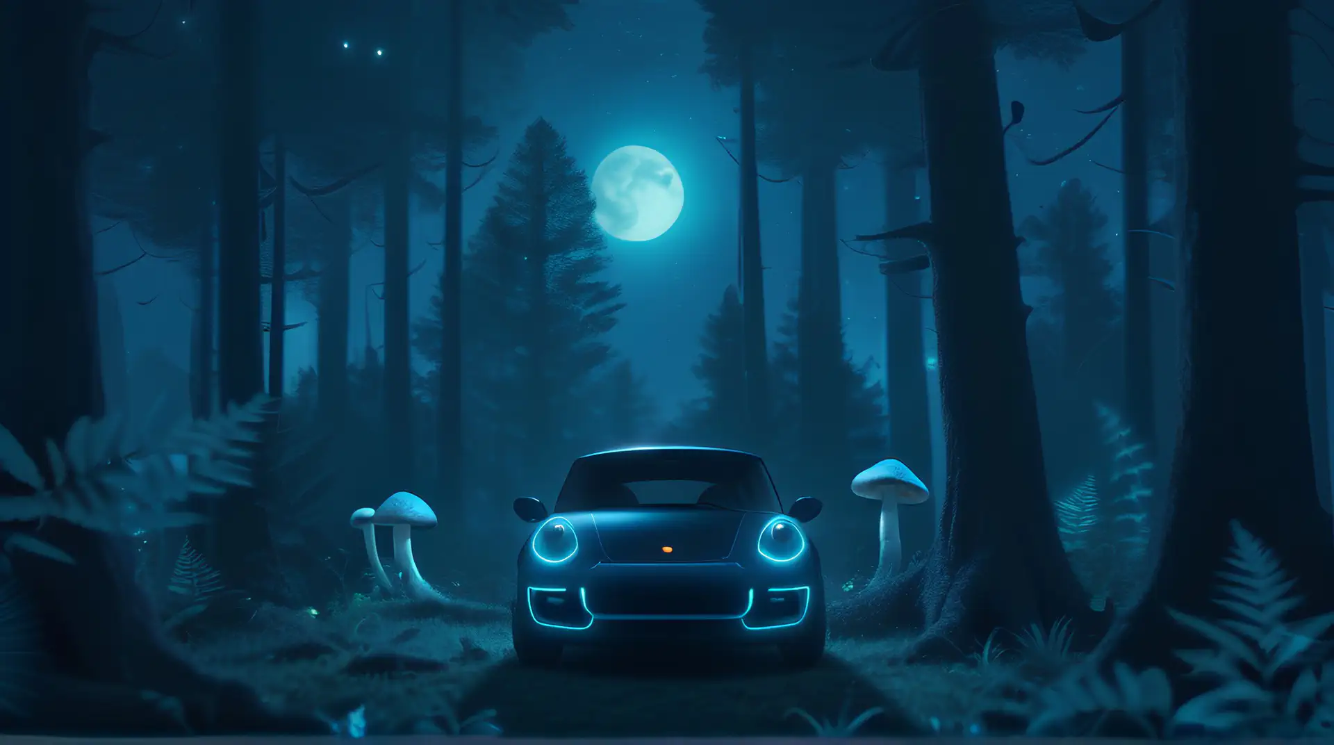 Zwarte Sportwagen in Magisch Maanverlicht Bos 4K Wallpaper
