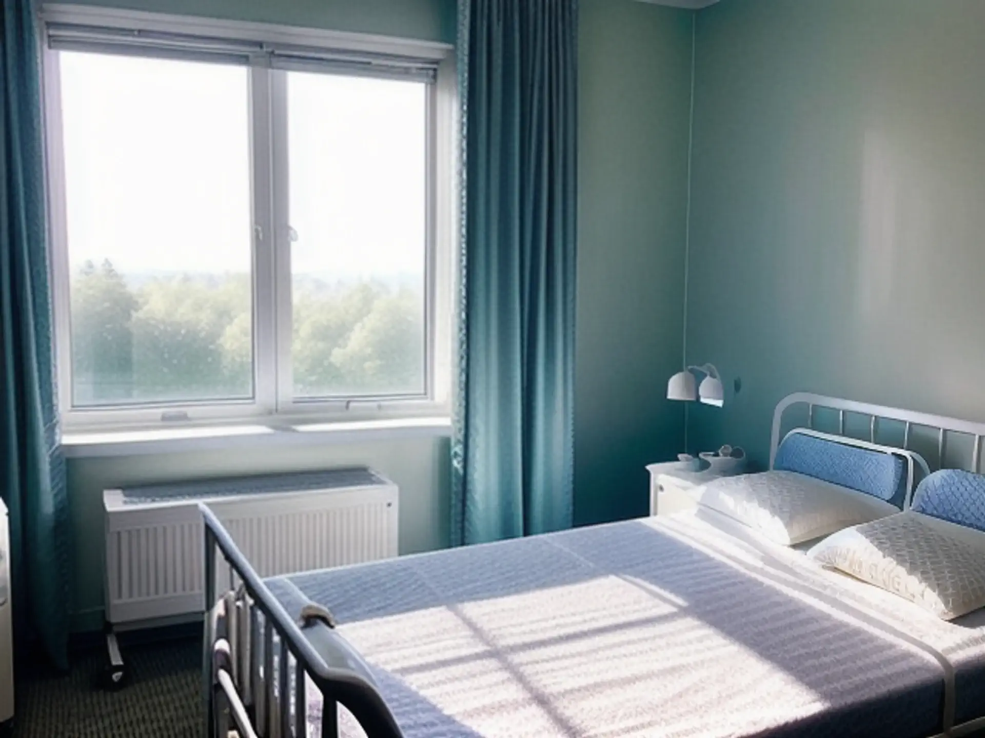 Rustige ziekenhuiskamer met natuurlijk licht en mintgroene accenten