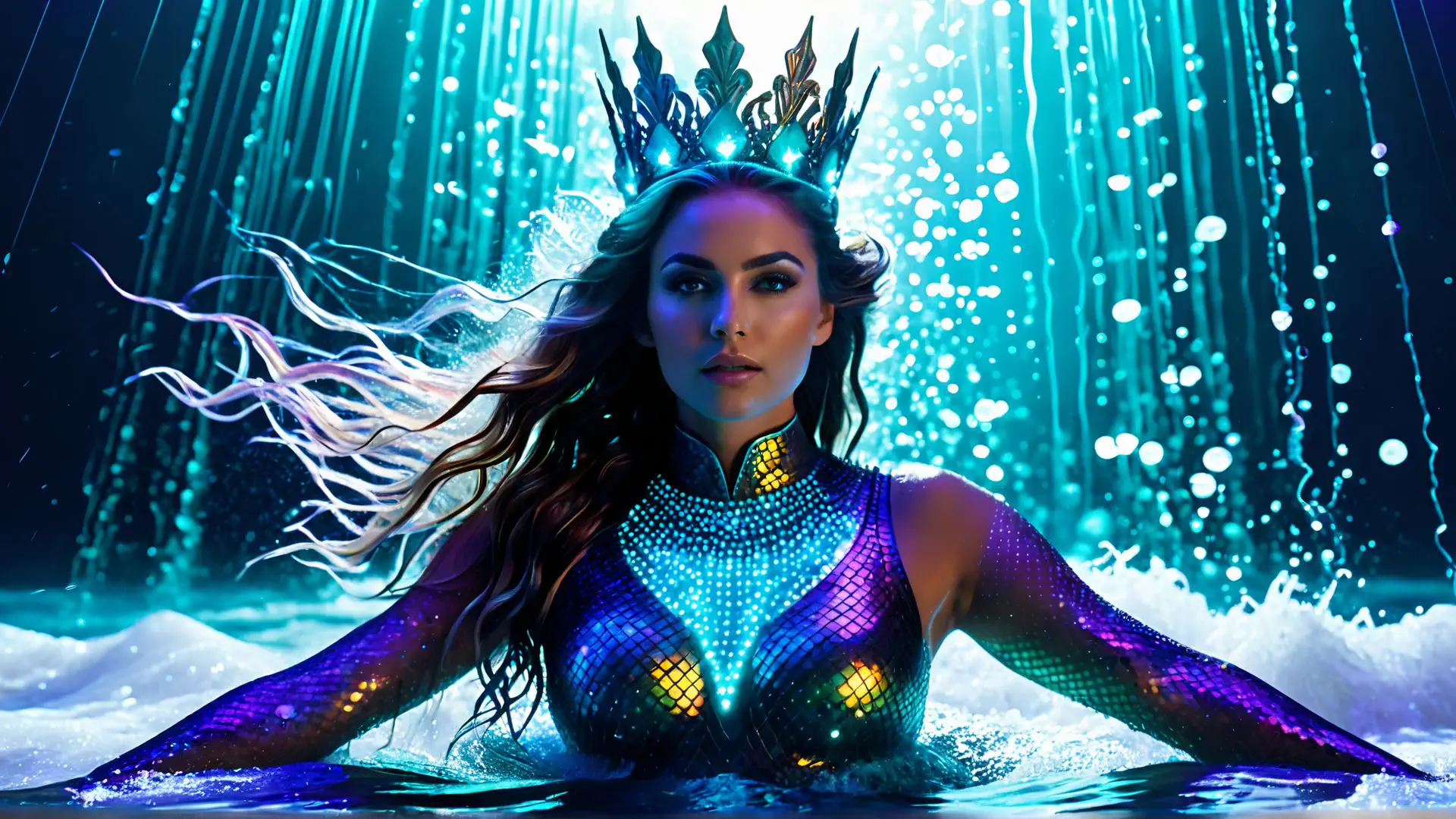 Magische zeemeermin met kristallen kroon in turquoise onderwaterwereld