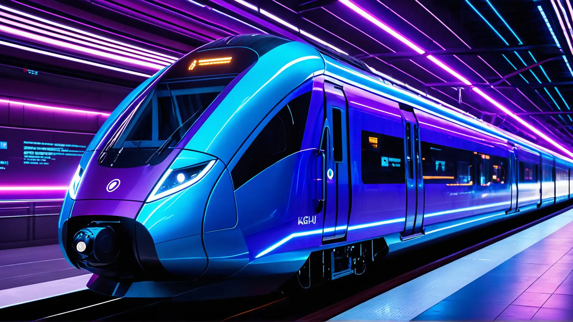 Futuristische hogesnelheidstrein in neon verlicht metrostation