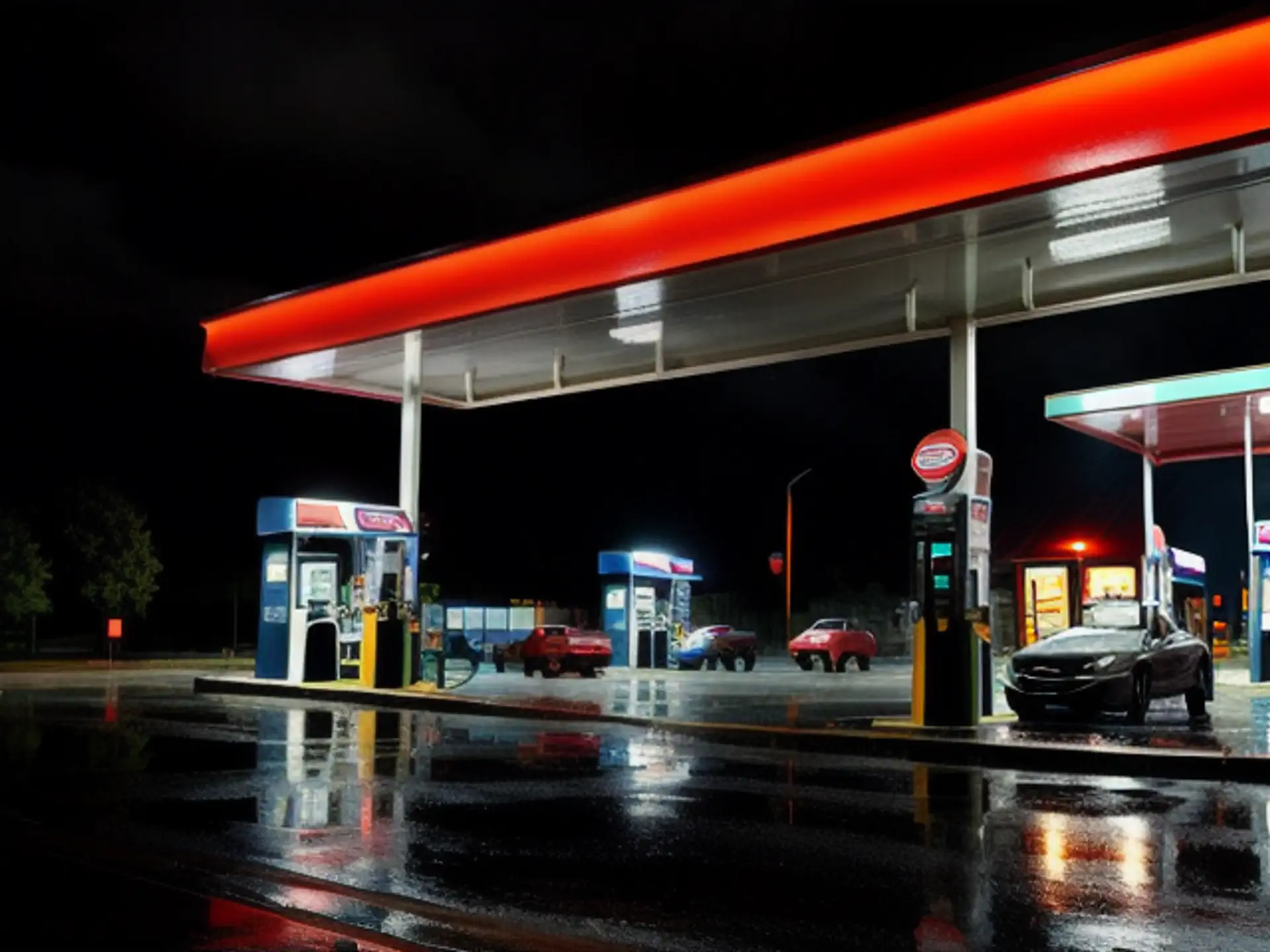 Tankstation bij nacht met regenachtige sfeer en reflecties op asfalt