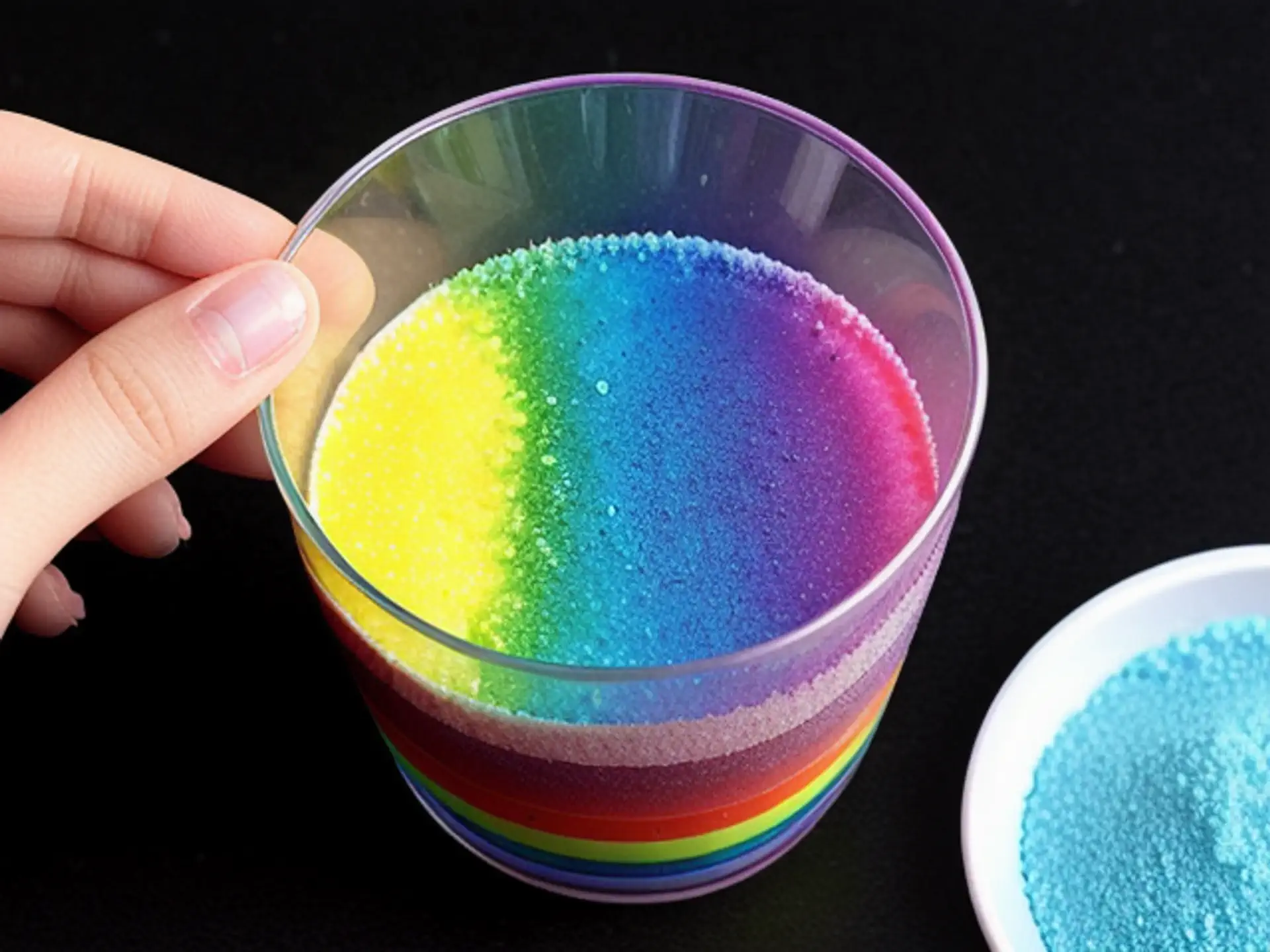 Kleurrijk regenboog zandkunst experiment in transparante glazen pot