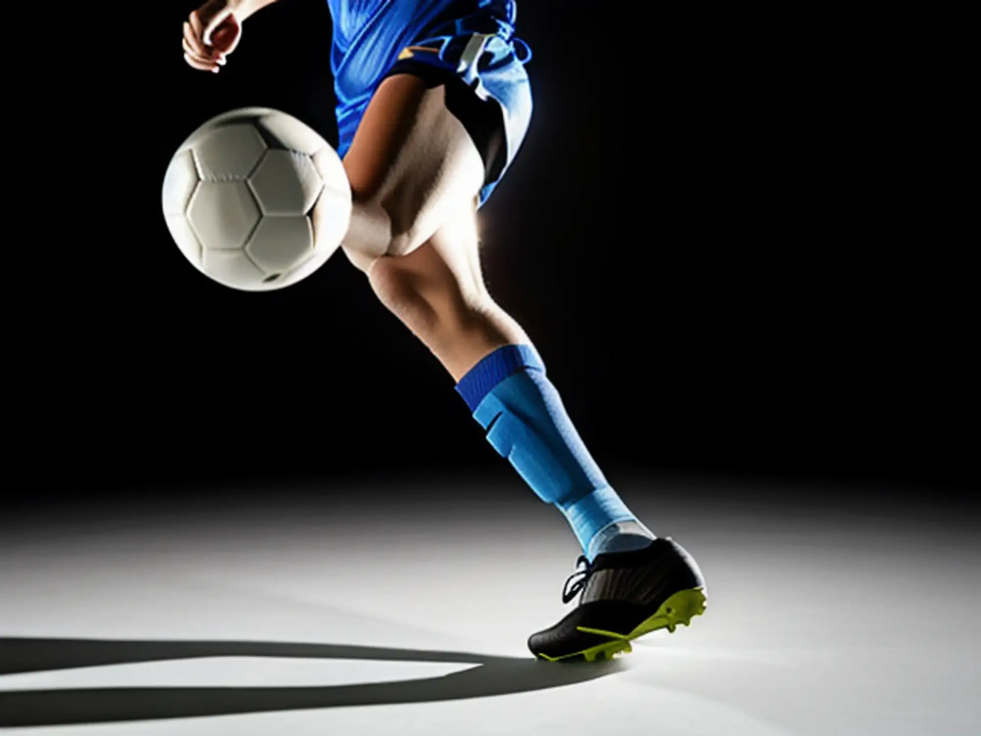 Dynamische voetbalactie met bal en blauwe sportuitrusting in spotlight