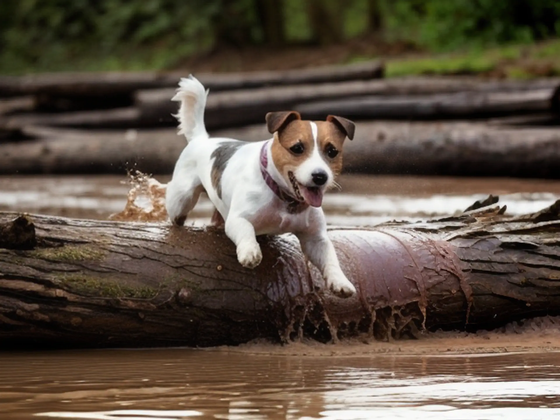 Speelse Jack Russell springt over boomstam tijdens boswandeling