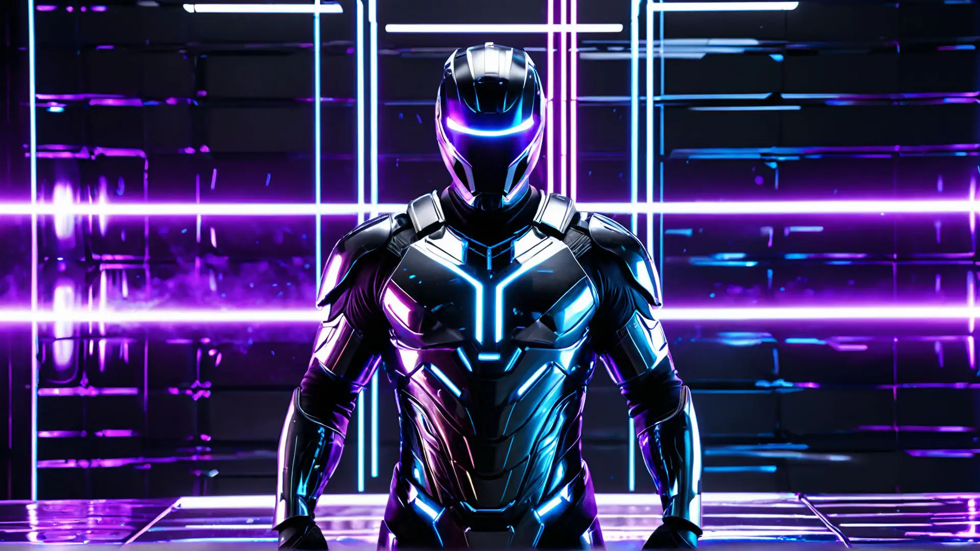 Futuristisch robotharnas in neon cyberpunk stijl