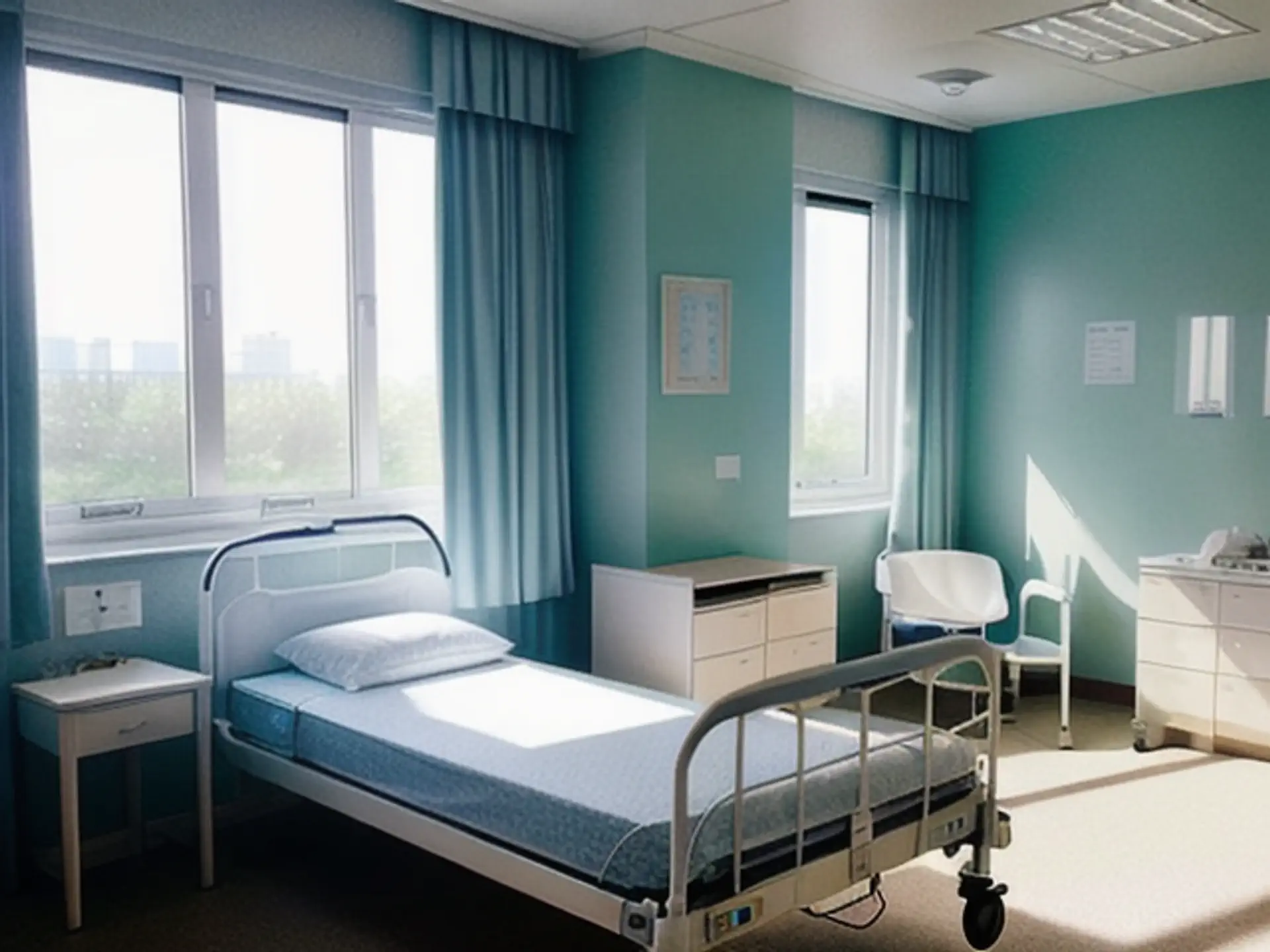 Moderne ziekenhuiskamer met rustgevende turquoise kleurstelling