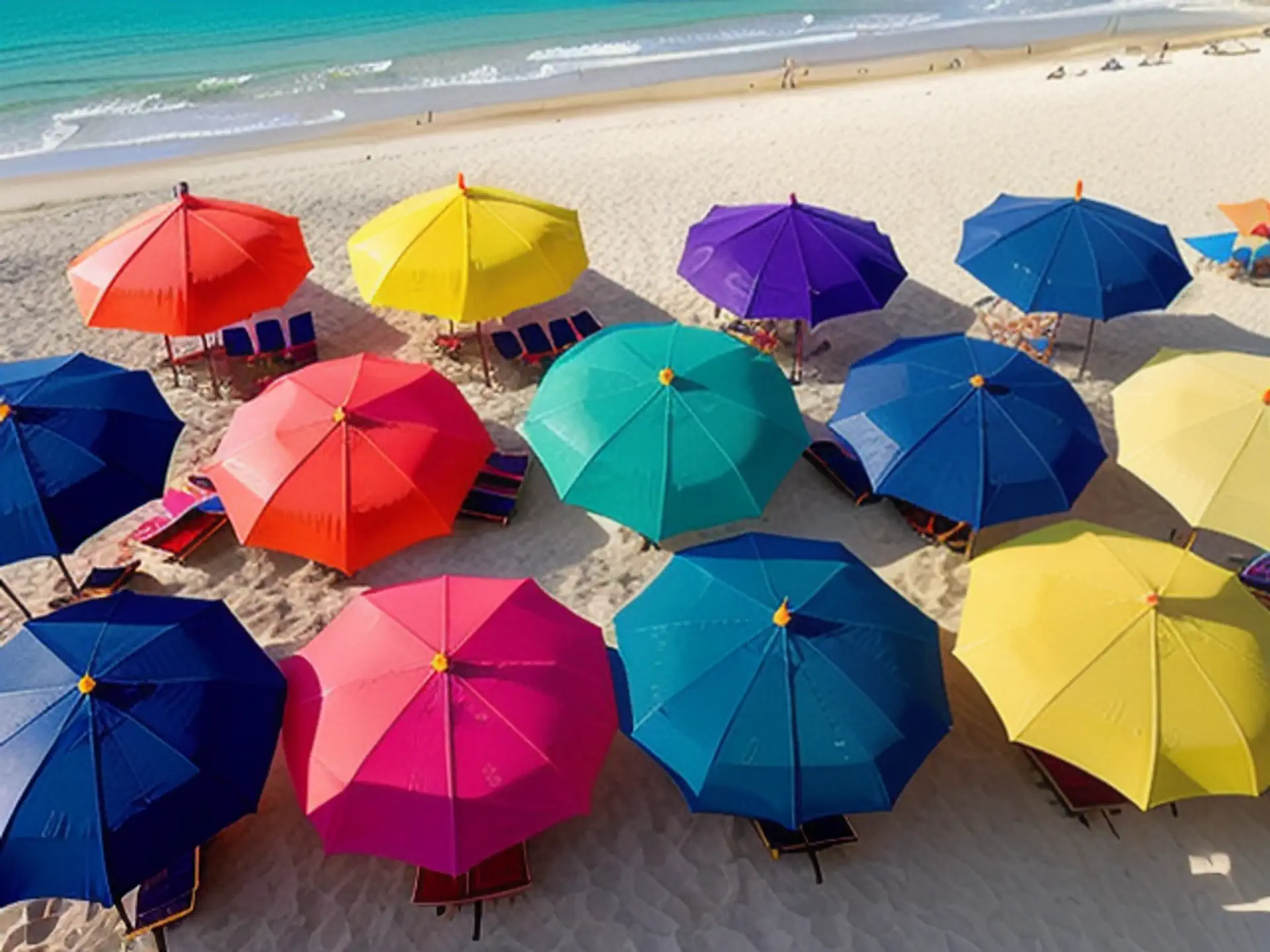 Kleurrijke strandparasols aan tropische kust met turquoise zee