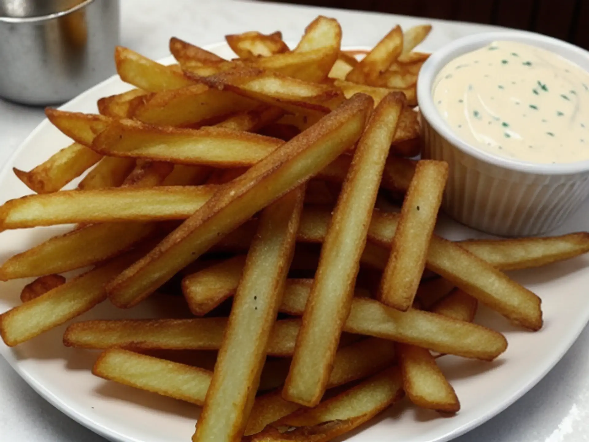 Knapperige verse friet met huisgemaakte knoflooksaus op wit bord