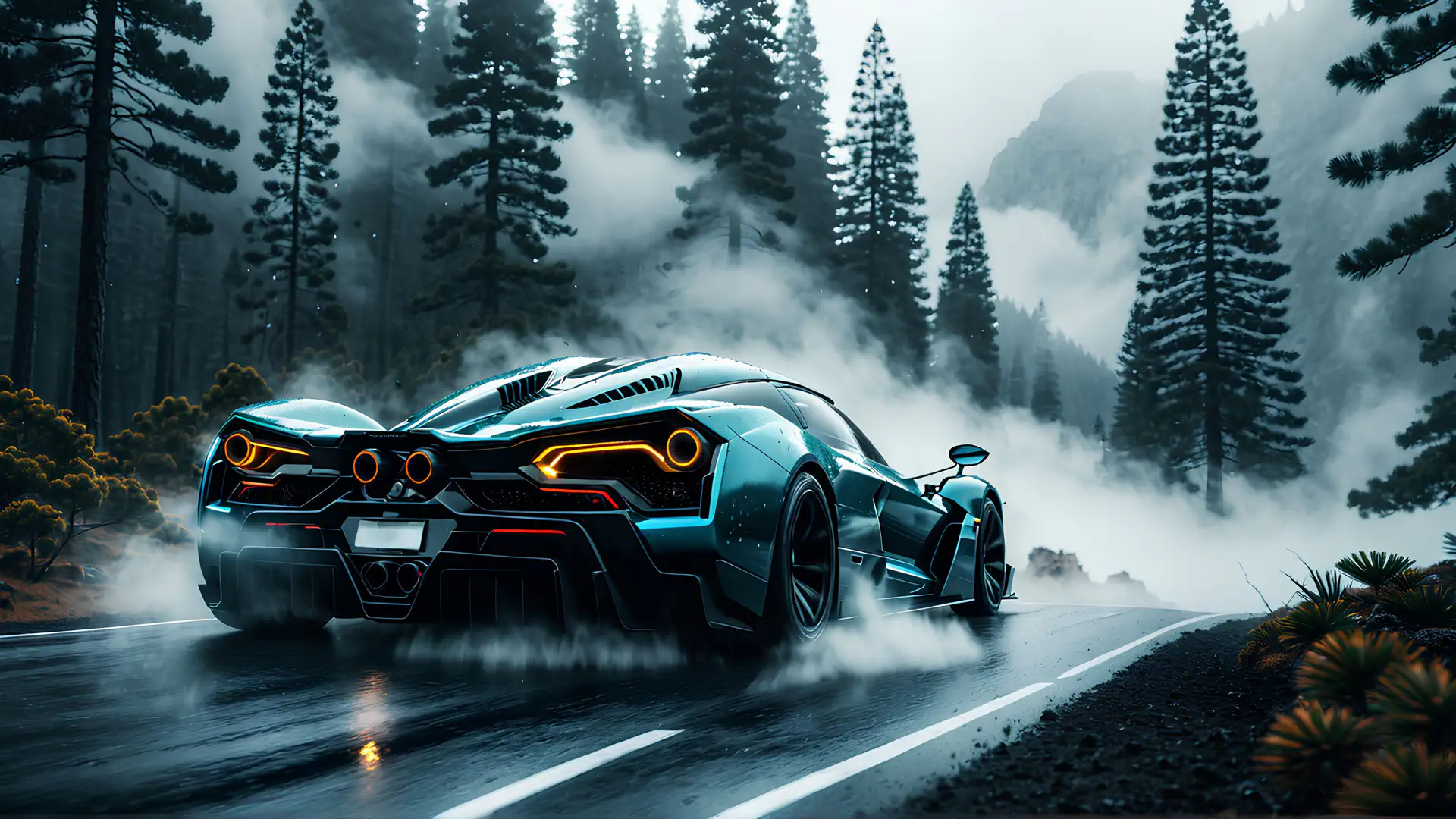 Turquoise Hypercar Sprintend door Mistig Dennenwoud