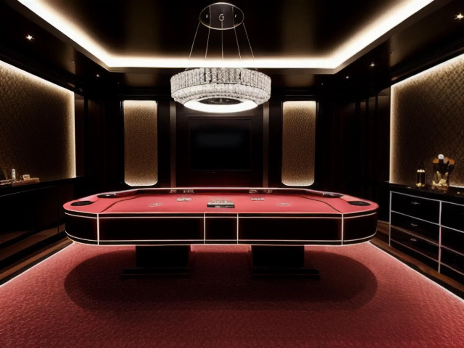 Luxe pokertafel met kristallen kroonluchter in exclusieve speelkamer