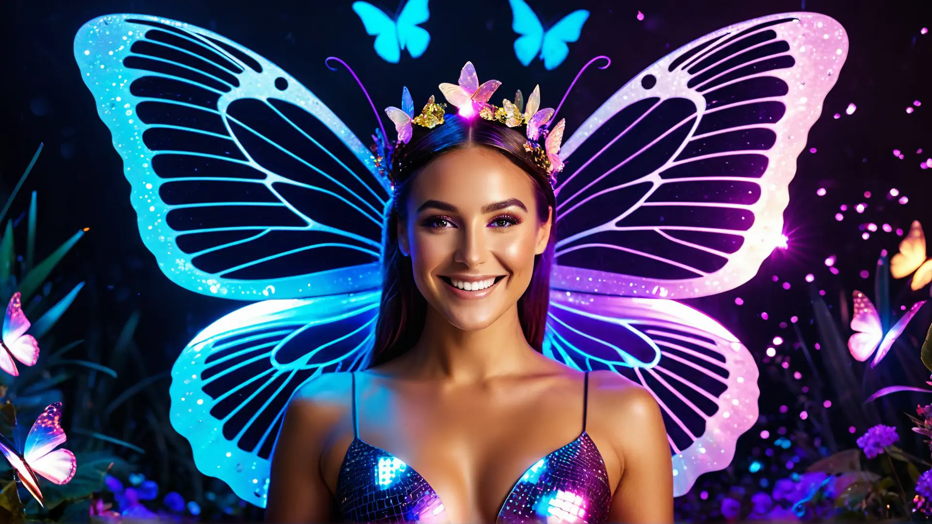 Magische vlinderfee in neonkleuren met glinsterende vleugels
