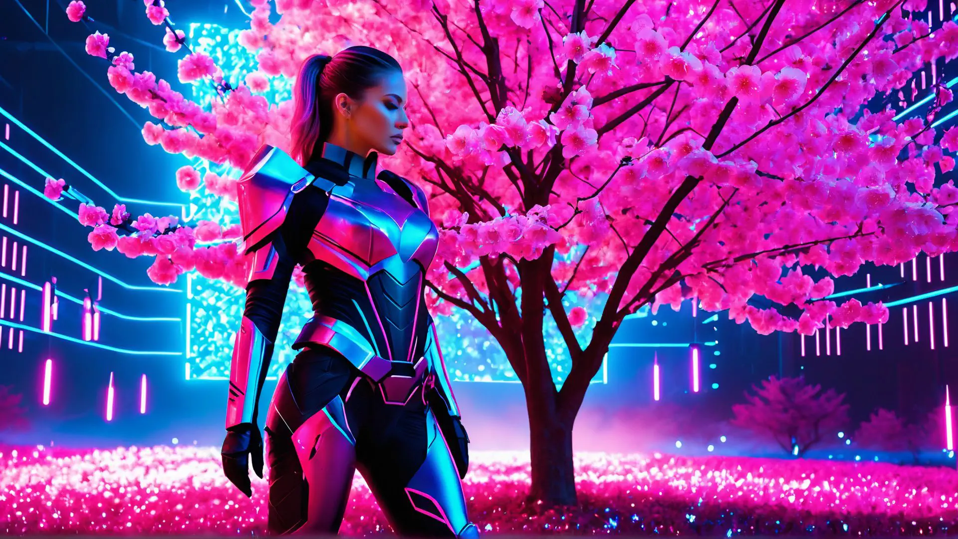 Futuristische krijger onder bloeiende kersenboom met neonverlichting
