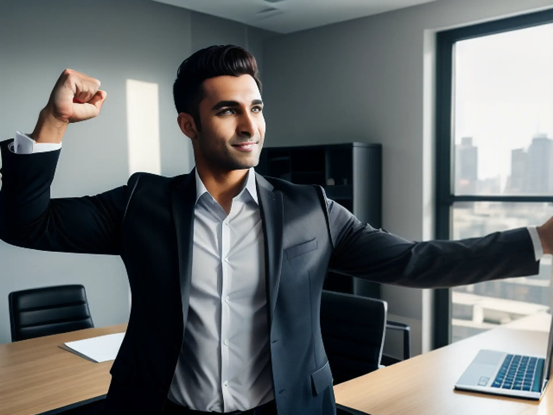 Succesvolle zakenman viert overwinning in modern kantoor met uitzicht