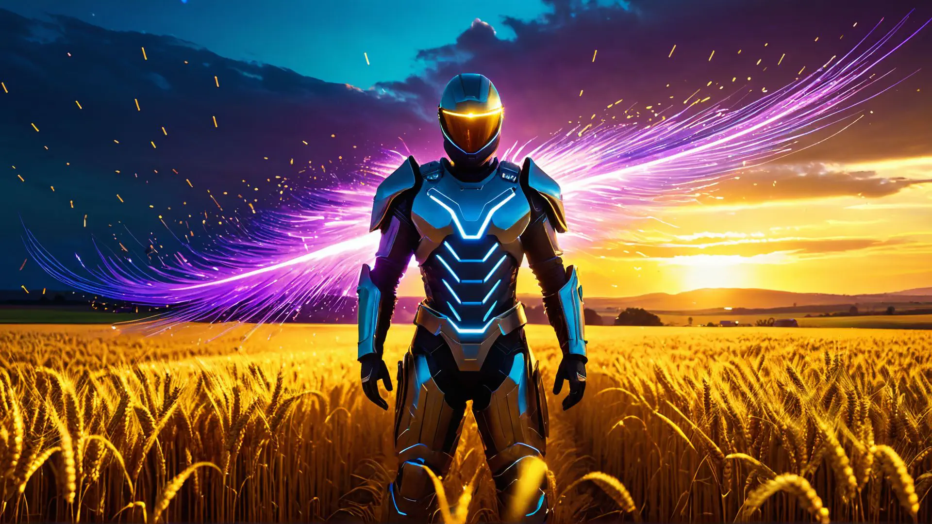 Futuristisch robotharnas in gouden korenveld bij zonsondergang
