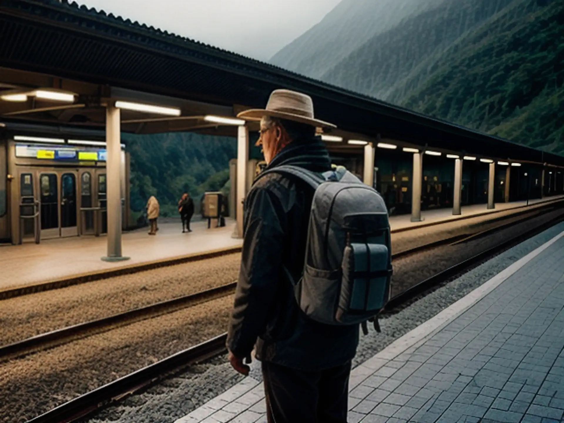 Reiziger wacht op bergtrein bij mistig bergstation in de ochtend