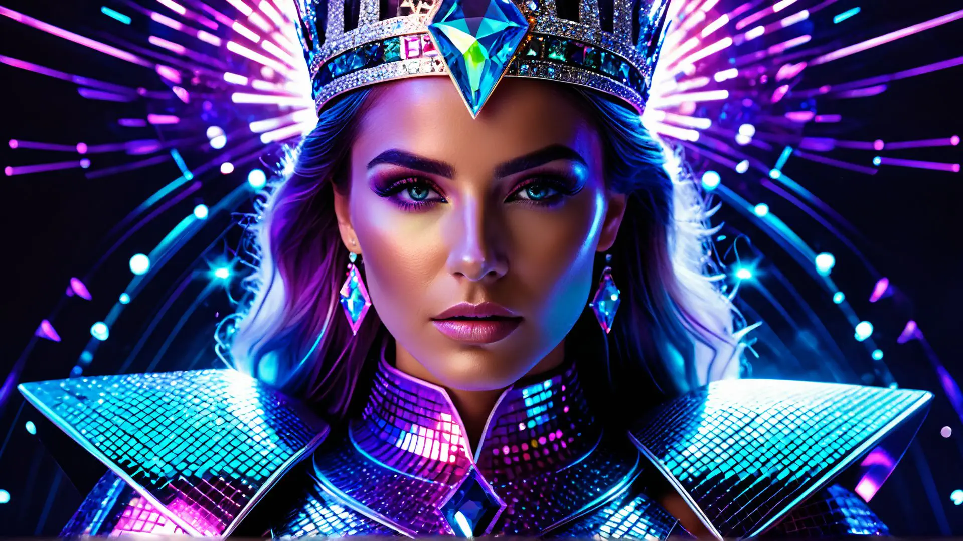 Futuristische glamour portret met neon kroon en kristallen details