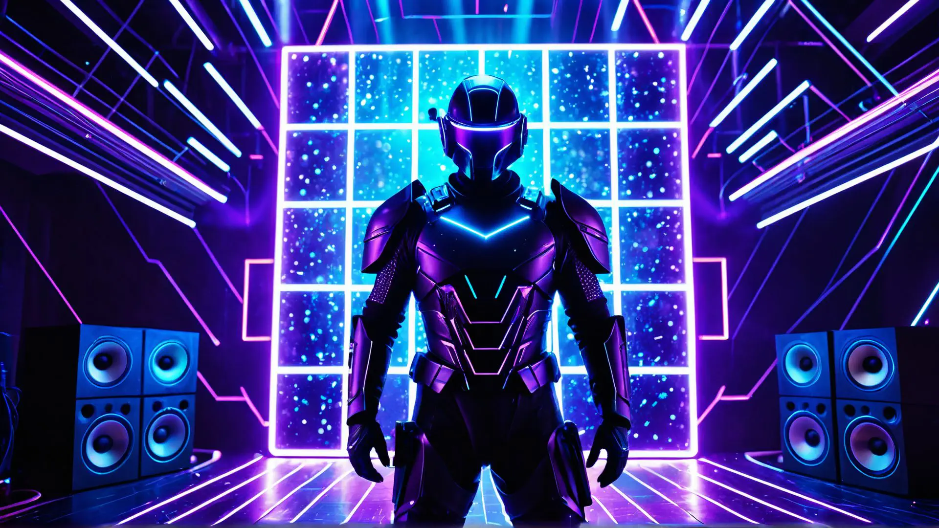 Futuristische robot in neon verlichte cyberpunk setting met speakers