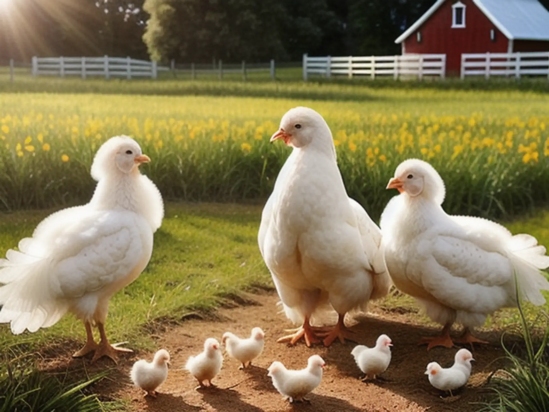 Witte kippen met kuikens op boerenerf bij rode schuur en bloemen