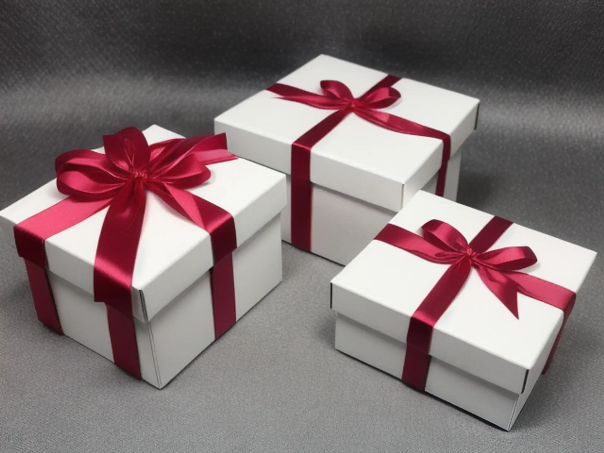 Elegante witte geschenkdozen met rode strikken op grijze achtergrond
