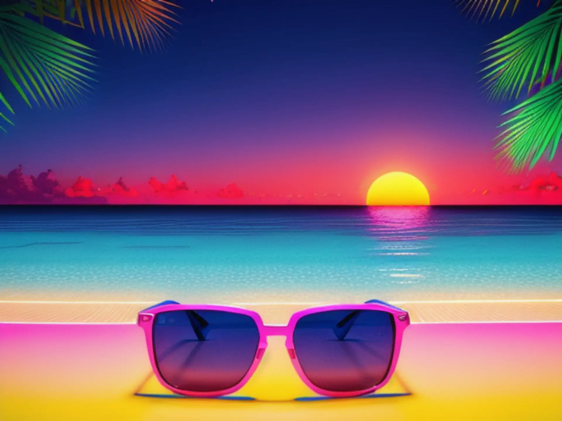 Tropische zonsondergang met roze zonnebril op kleurrijk strand