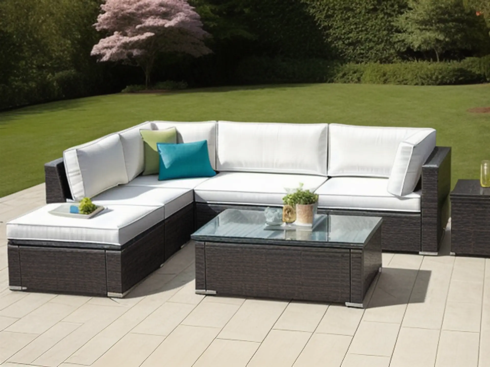 Luxe loungeset met witte kussens voor moderne tuininrichting