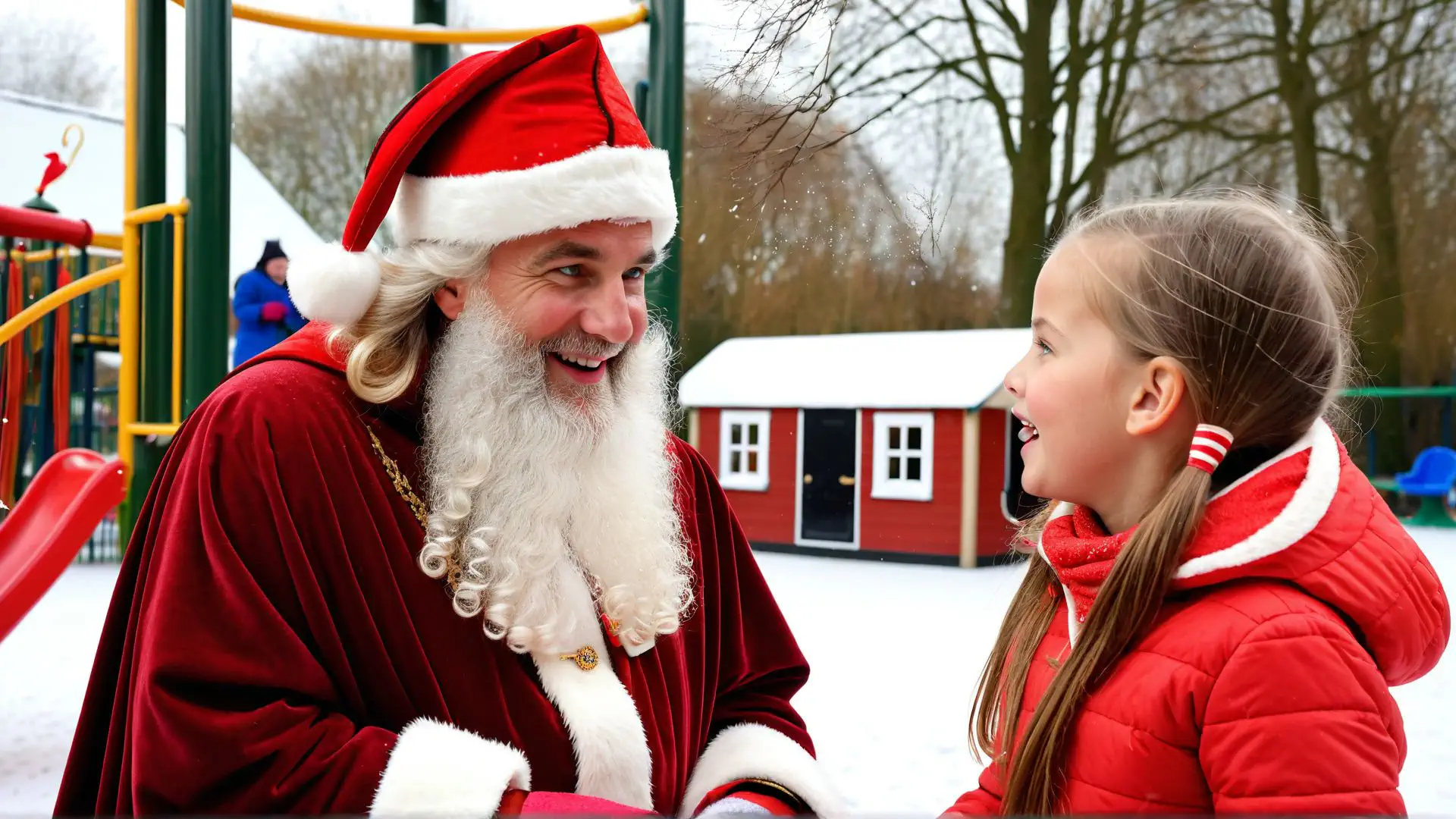 Magisch kerstmoment op besneeuwd speelplein met Kerstman en kind