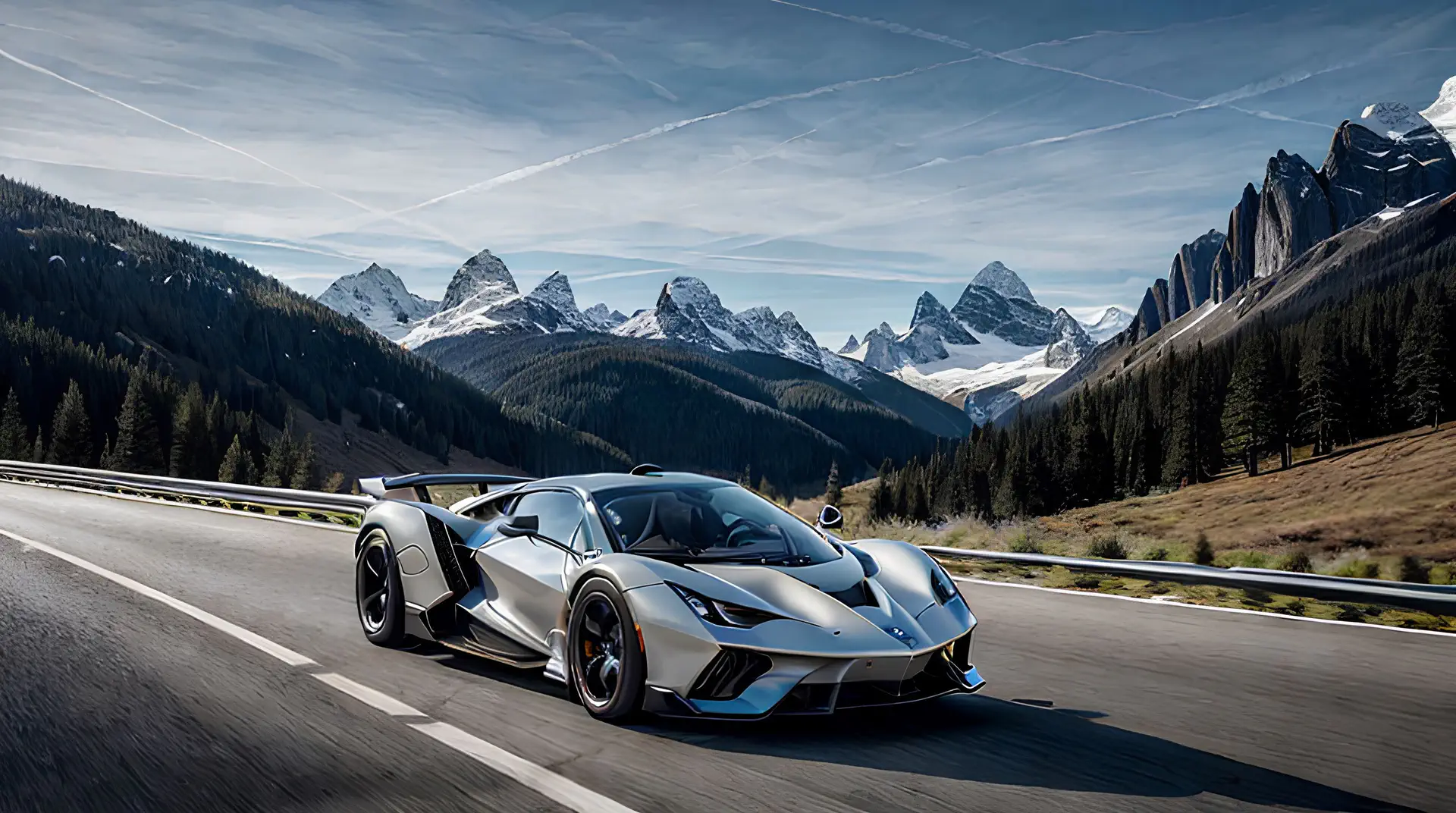 Zilveren Hypercar op Alpine Bergweg 4K Wallpaper
