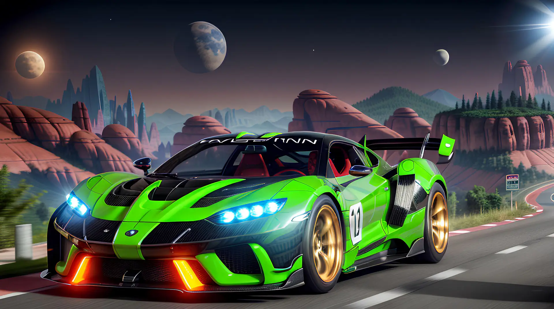 Neon Groene Raceauto in Fantasy Landschap 4K Wallpaper