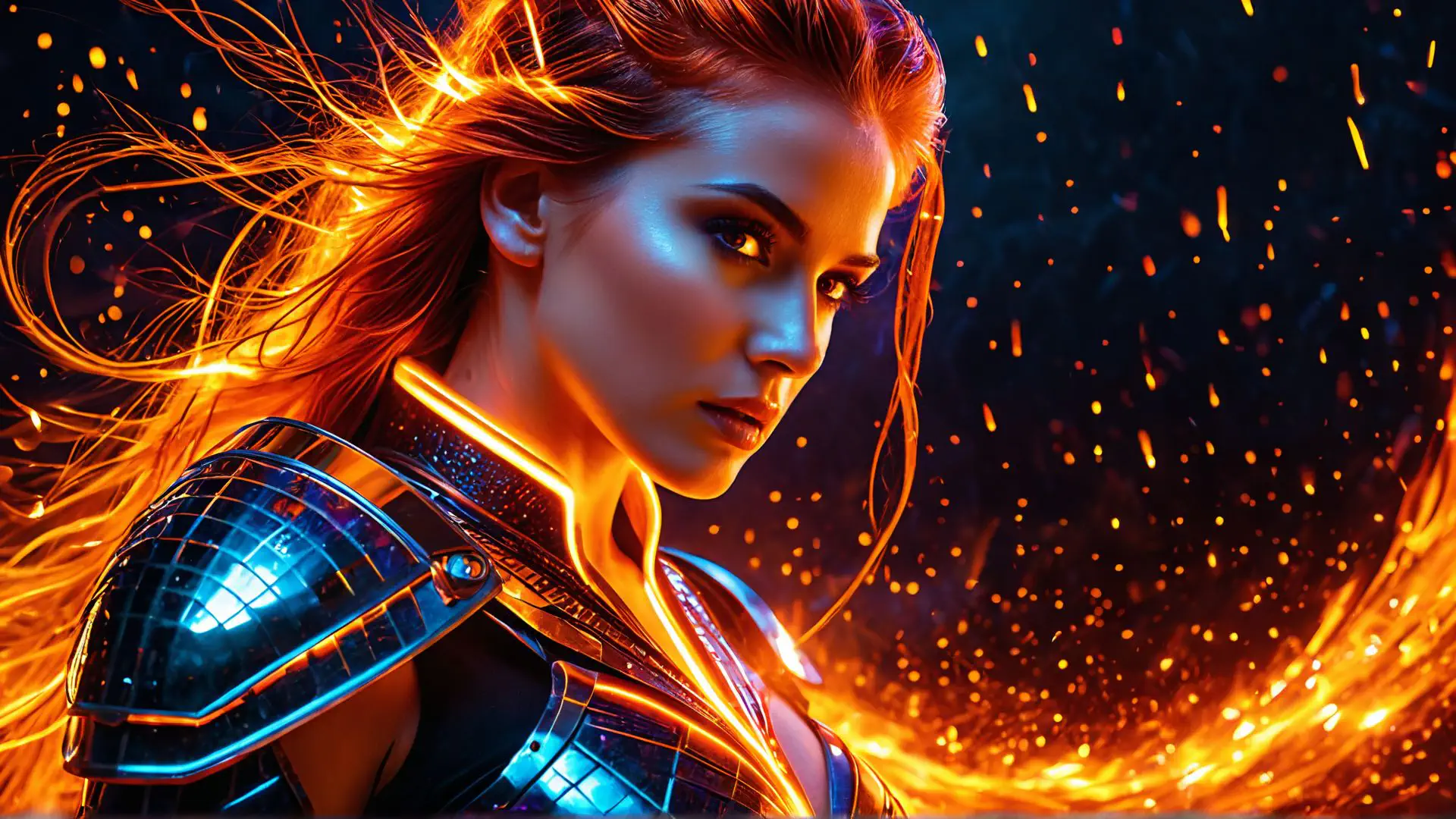 Futuristische fantasy portretfoto met vuur en neon effecten