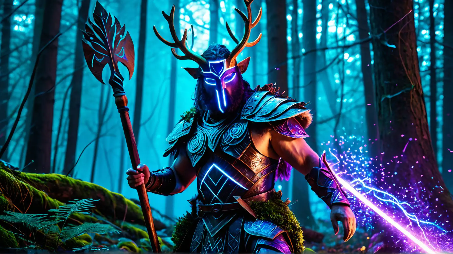 Mystieke krijger met neon masker in betoverd fantasiebos bij nacht