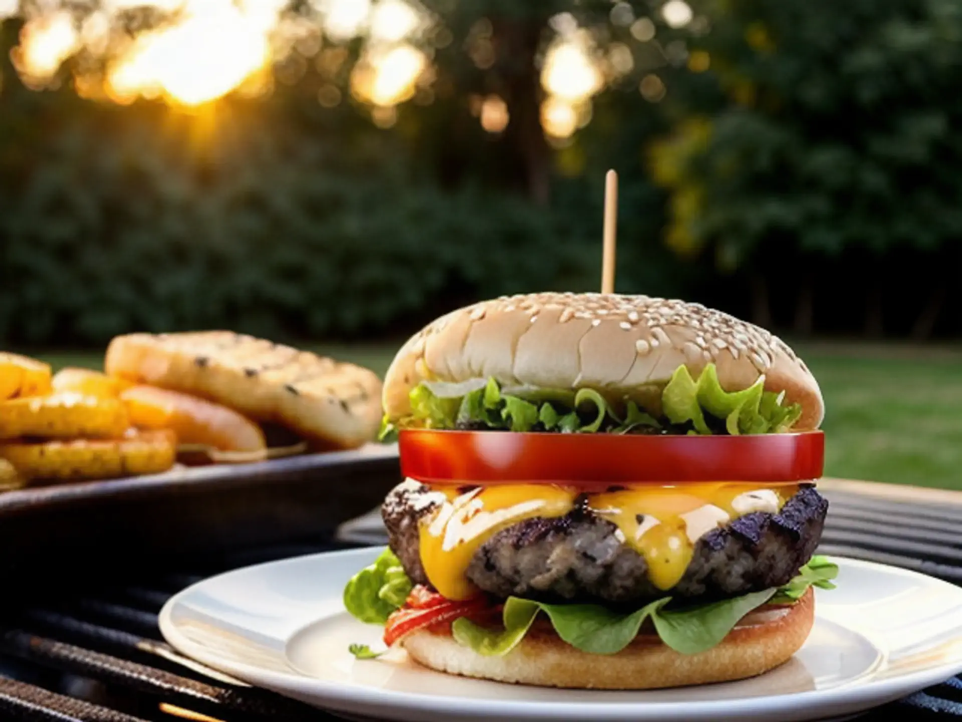Sappige cheeseburger bij zonsondergang voor perfect barbecuemoment