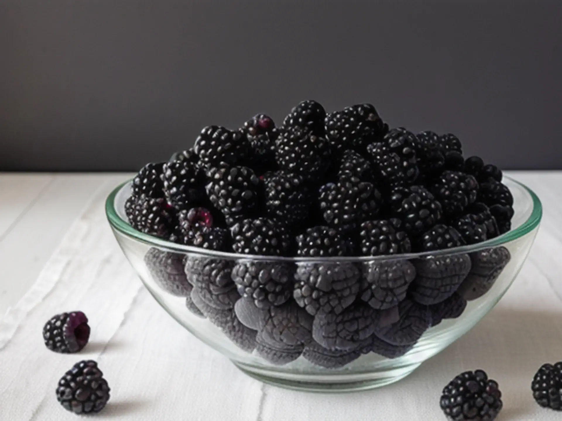 Verse bramen in glazen schaal op witte houten tafel - food fotografie