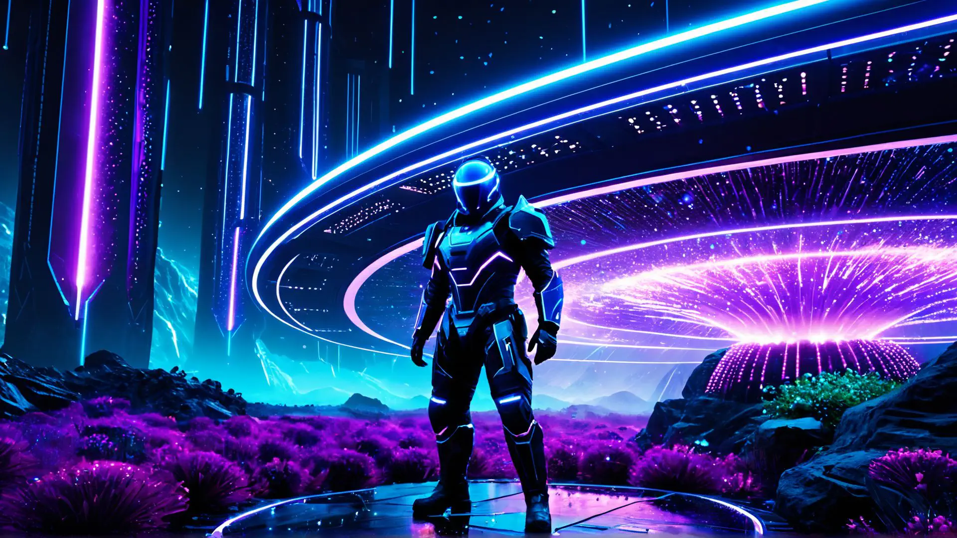 Futuristische robot in neon landschap met paarse en blauwe tinten
