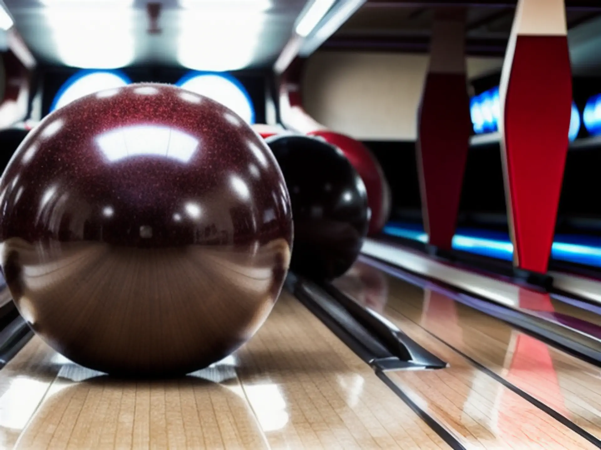 Close-up bowlingbal op bowlingbaan met kegels in sportcentrum