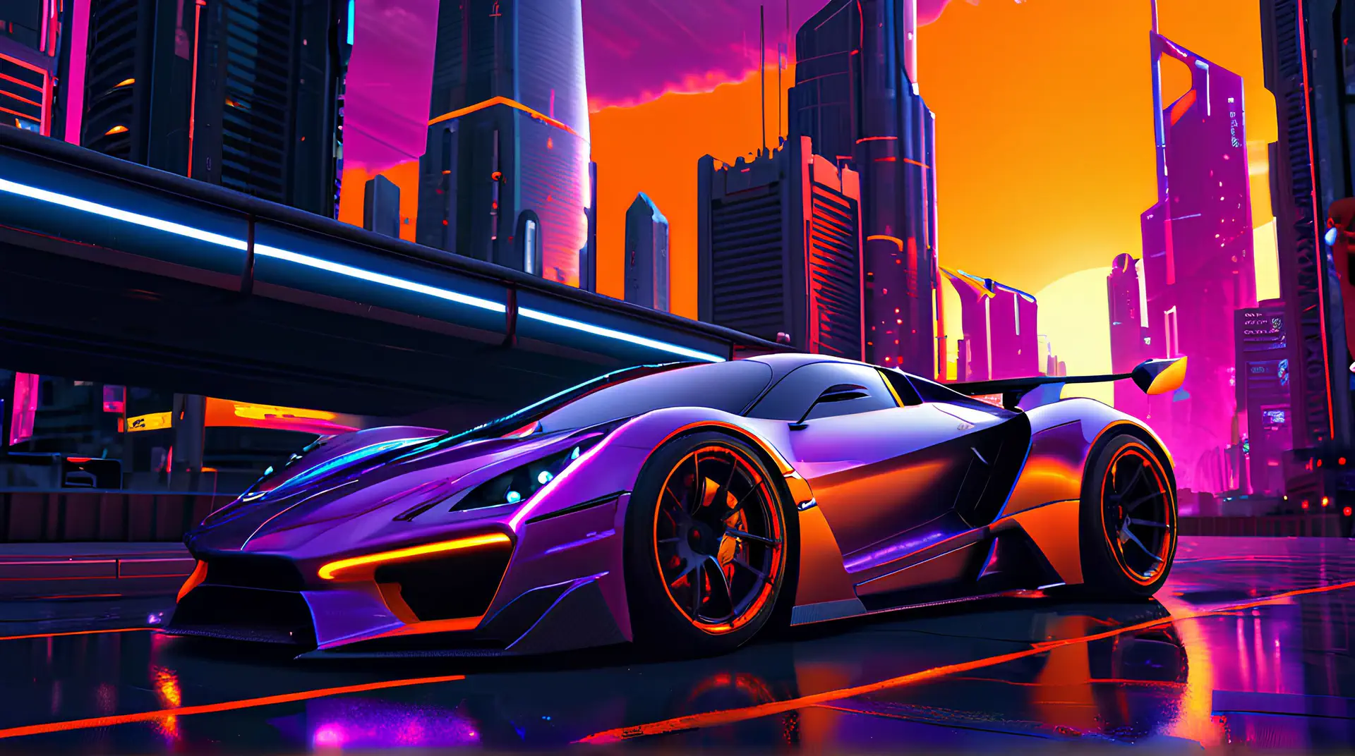 Hypermoderne Sportwagen in Neon Cyberpunk Wereld