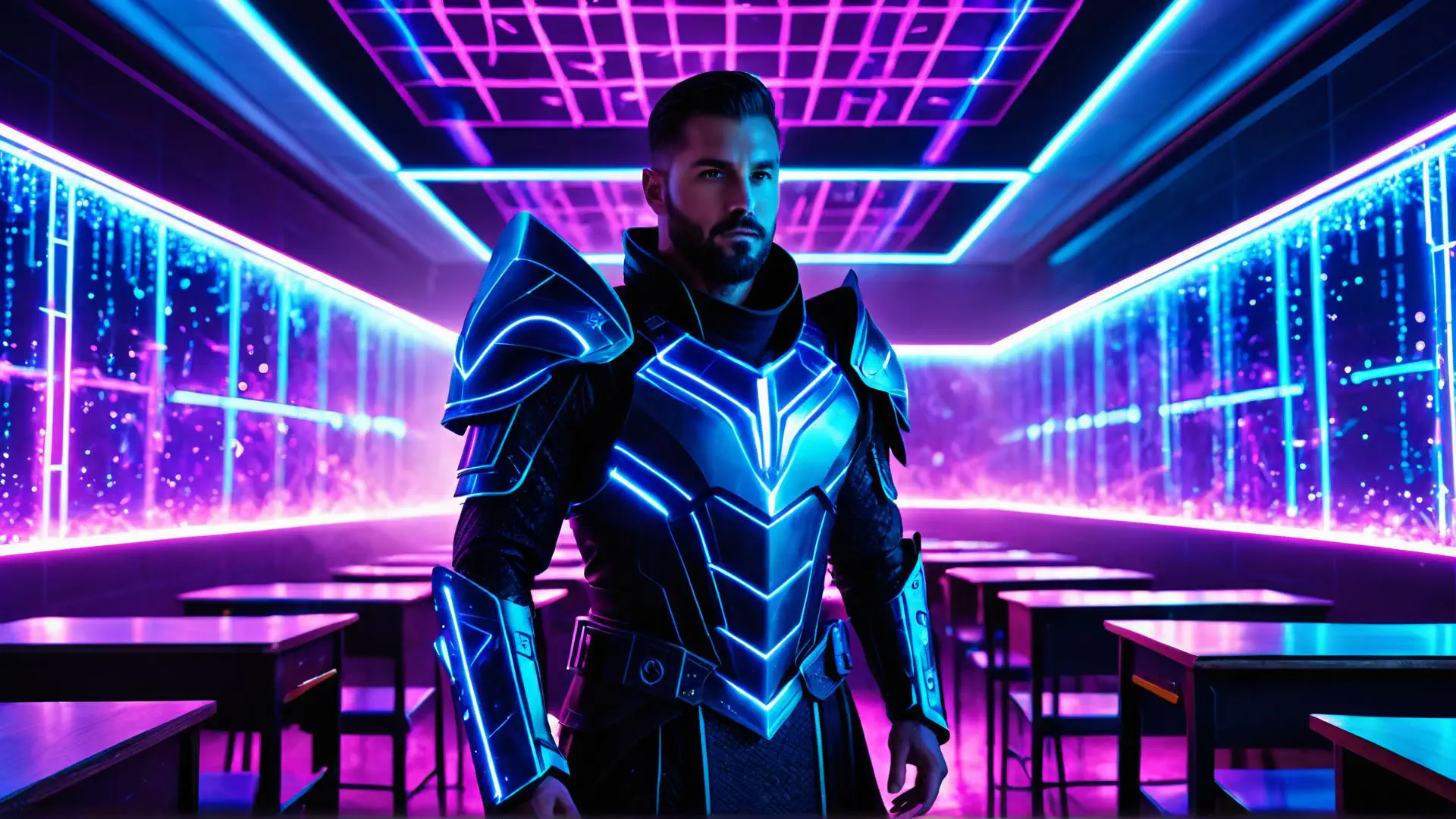 Futuristisch neon harnas in cyberpunk setting met paarse verlichting