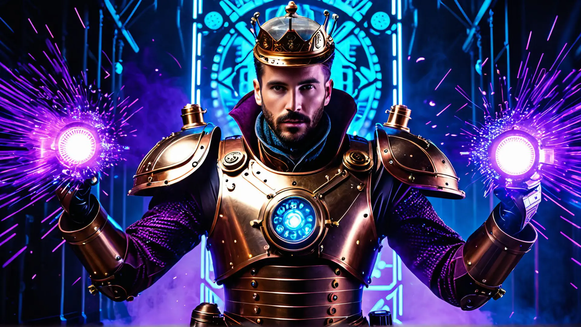 Futuristisch steampunk harnas met neon verlichting