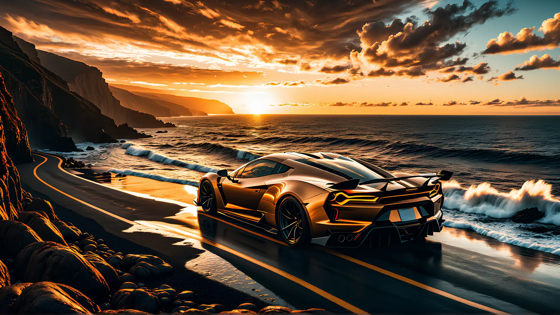 Bronzen Hypercar op Kustweg bij Gouden Oceaanzonsondergang
