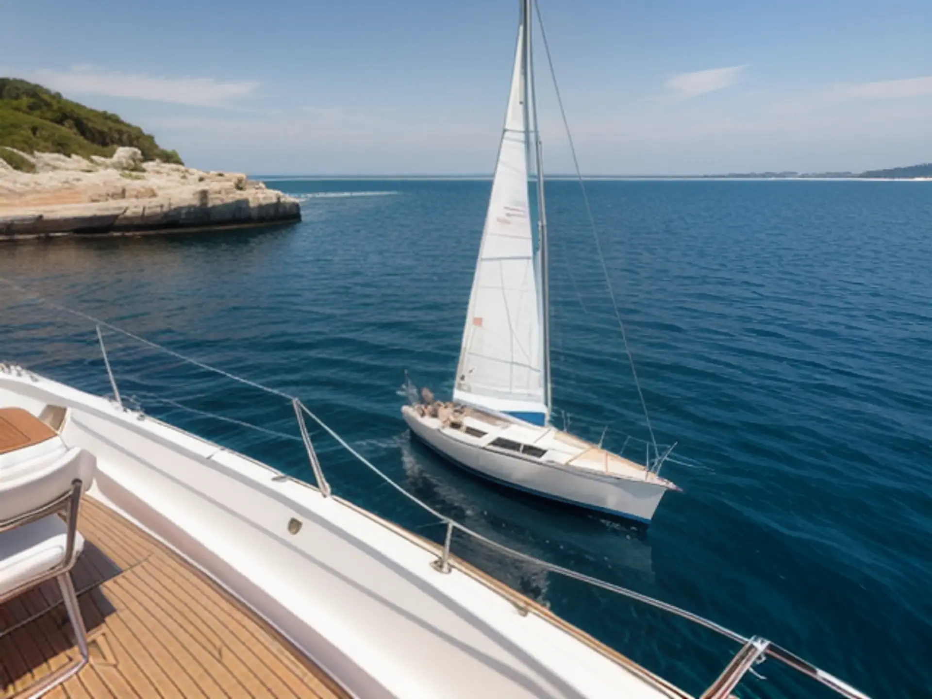 Luxe zeilboot op mediterraan blauw water langs rotsachtige kustlijn