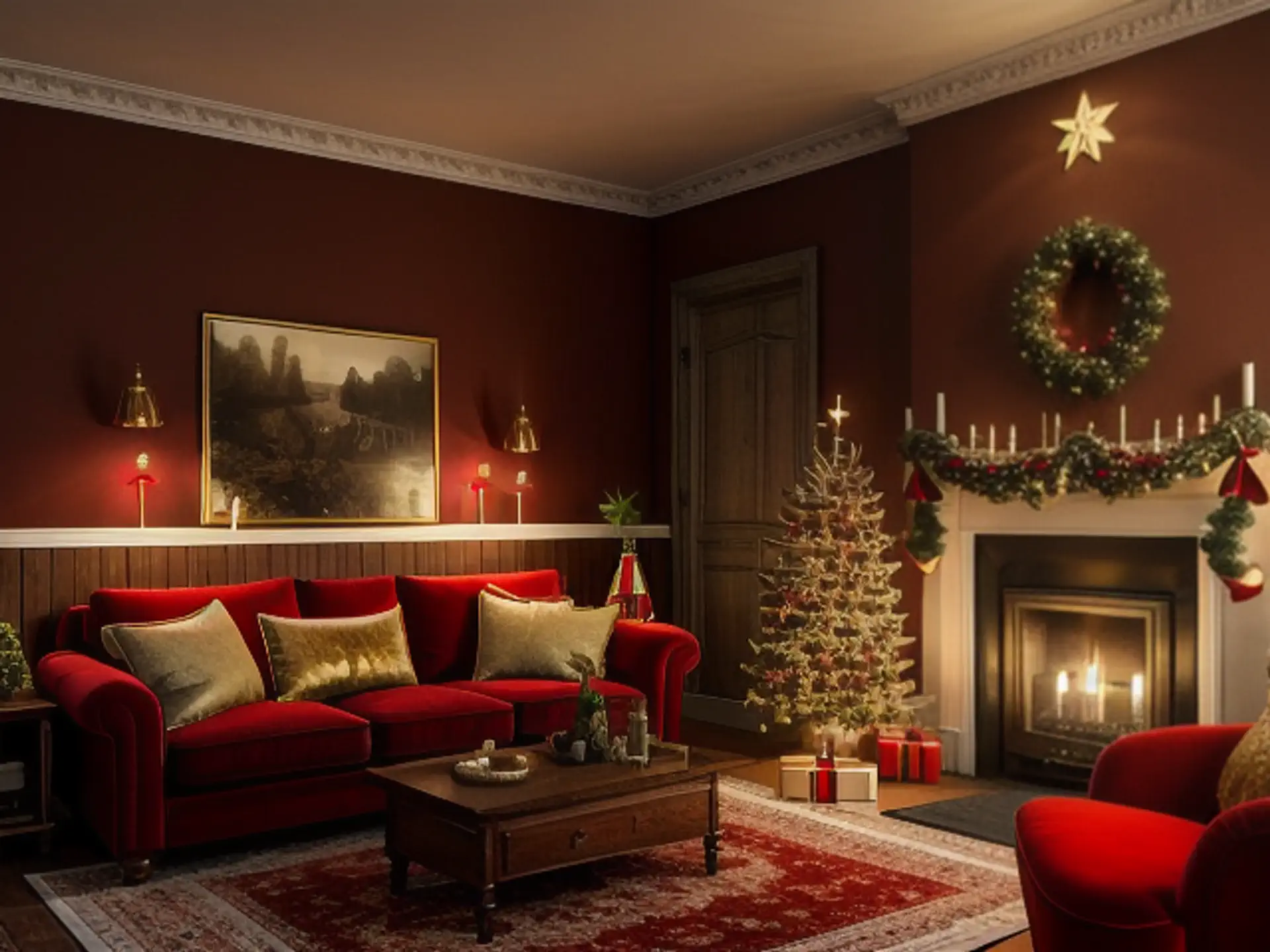 Klassieke woonkamer met warme kerstsfeer en rode fluwelen bank