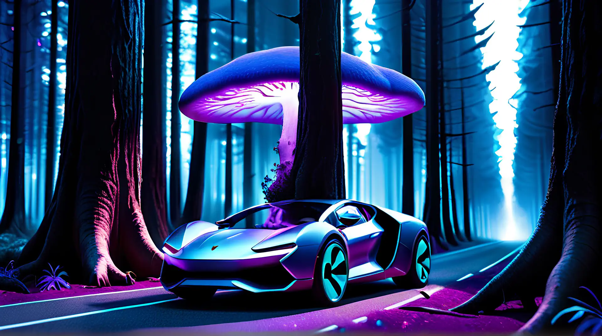 Futuristische Sportwagen in Mysterieus Neonbos 4K Wallpaper