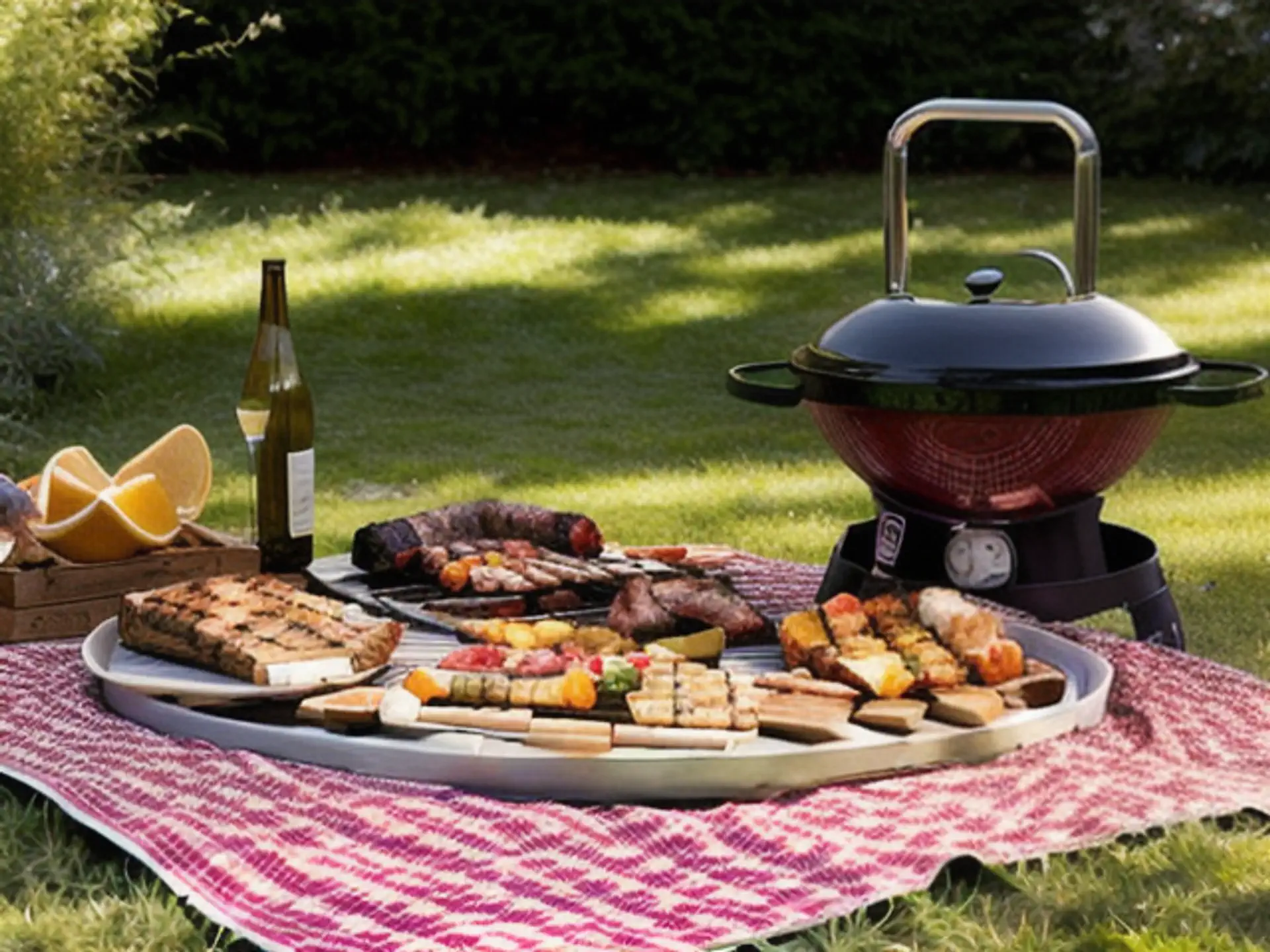 Zomerse barbecue setup met compacte grill en verse gerechten in tuin