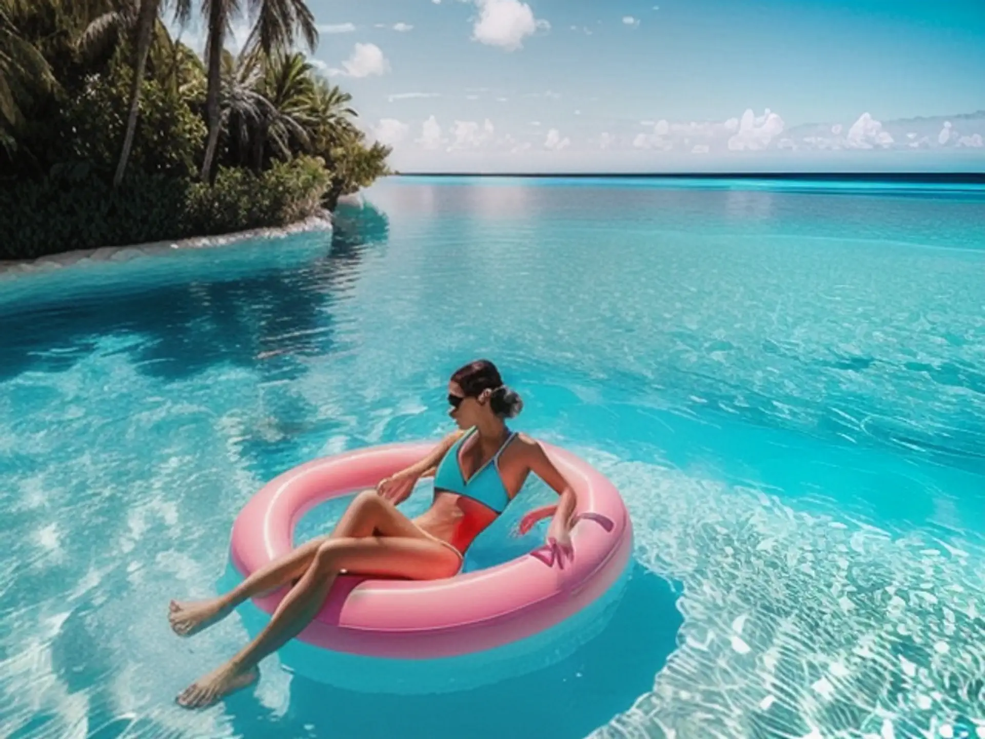 Tropisch paradijs met roze zwemband in turquoise lagune Malediven