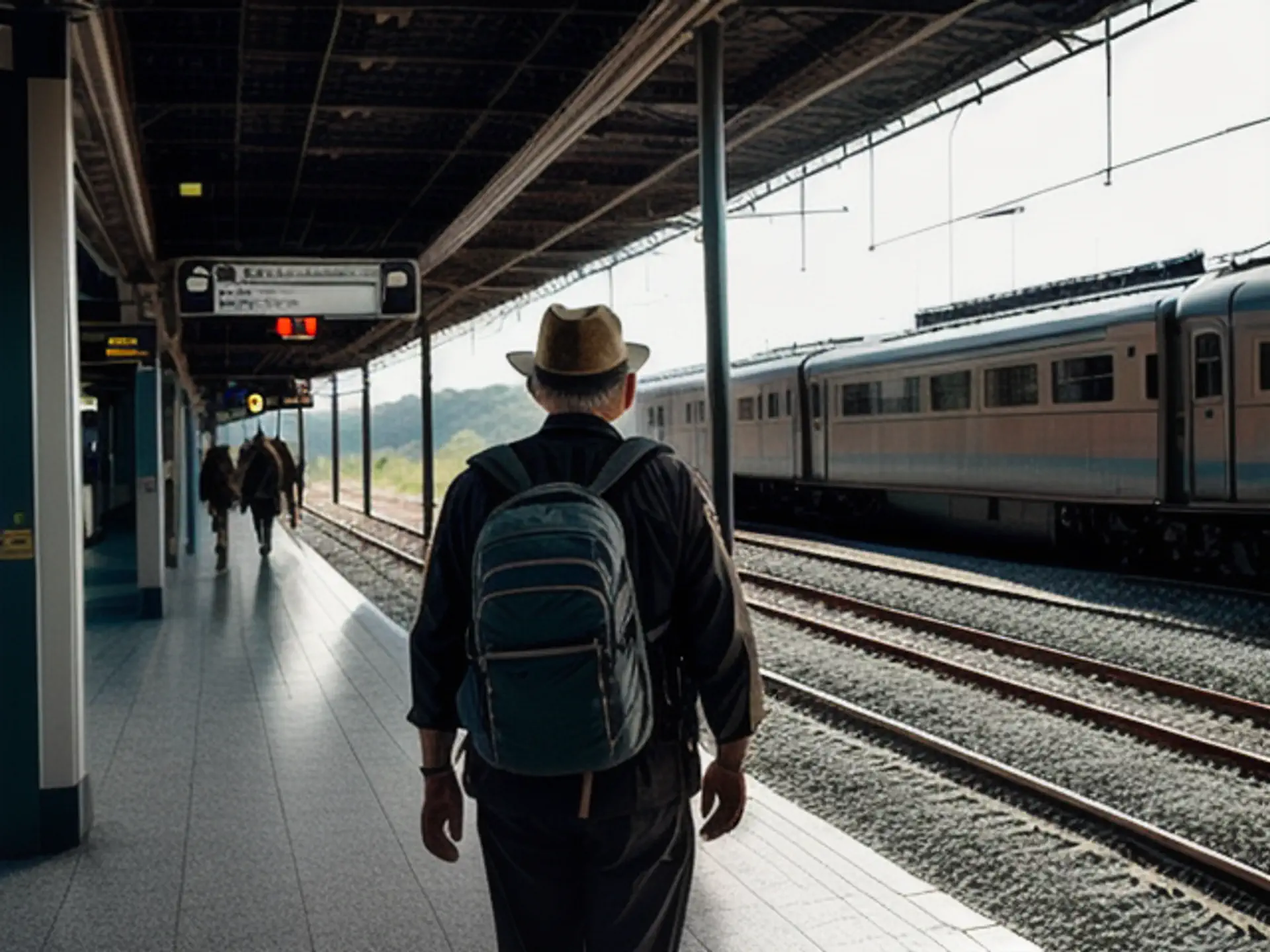 Reiziger met rugzak wacht op verlaten treinperron tijdens zonsopgang
