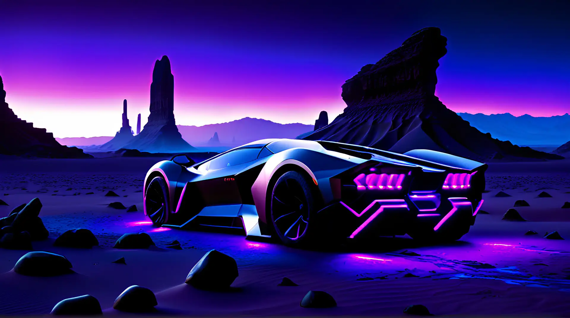 Zwarte Hypercar met Neonroze in Synthwave Woestijn 4K Wallpaper