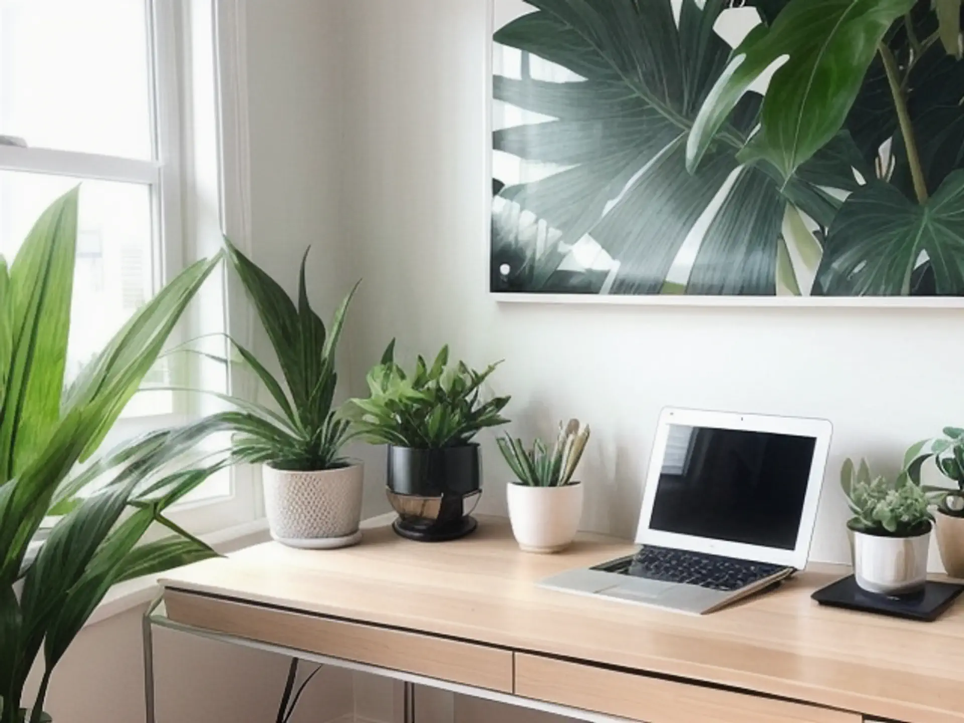 Natuurlijke thuiswerkplek met laptop en urban jungle plantendecoratie